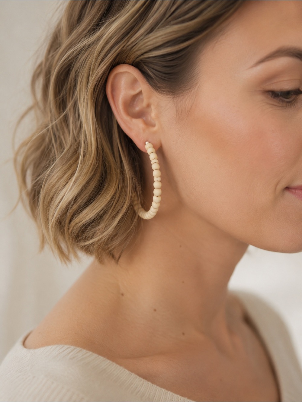 Cream Wood Beaded Hoop Earrings - Women Jewelry